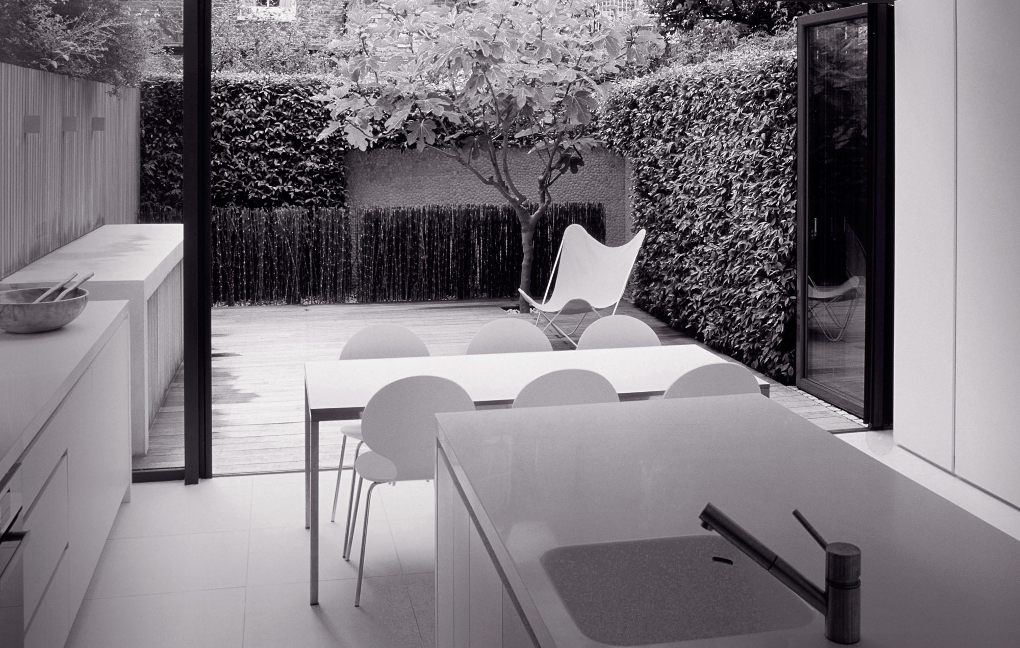 Long view into Fulham Courtyard in black and white - James Aldridge Landscape and Garden Design